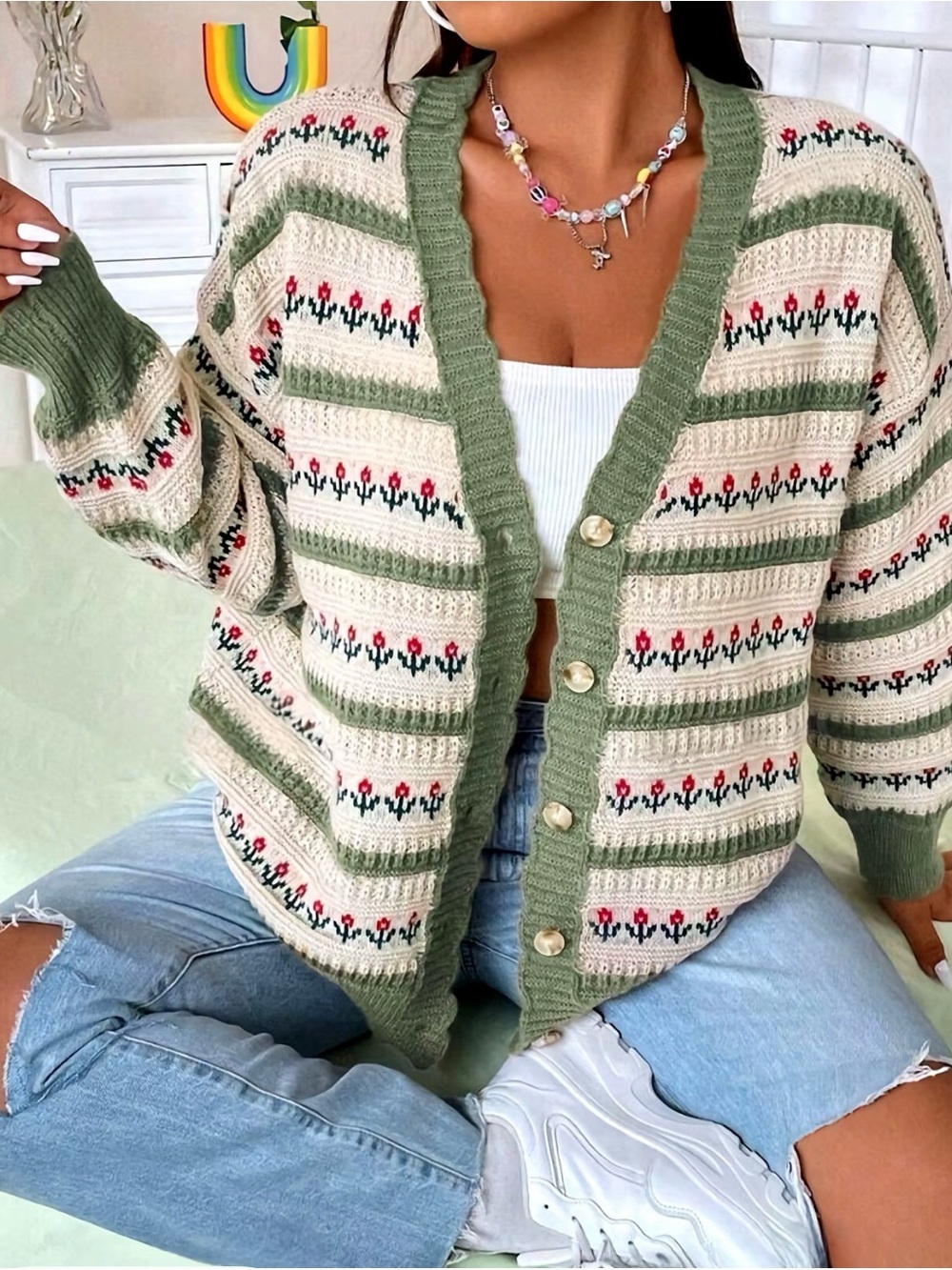 Floral Stripe Green & Cream Button-Up Cardigan Sweater